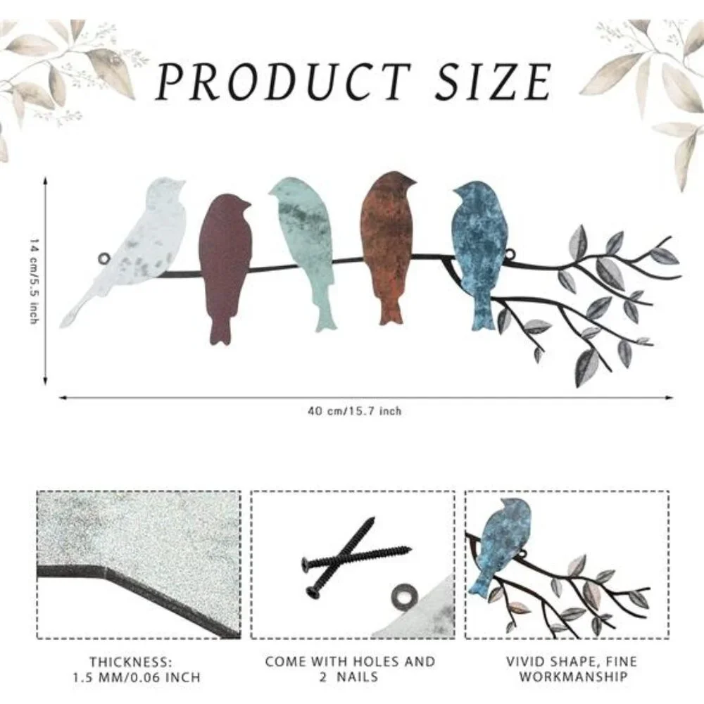 Ferraycle Metal Bird Wall Art - Birds on Branch with Leaves - Metal Sculpture